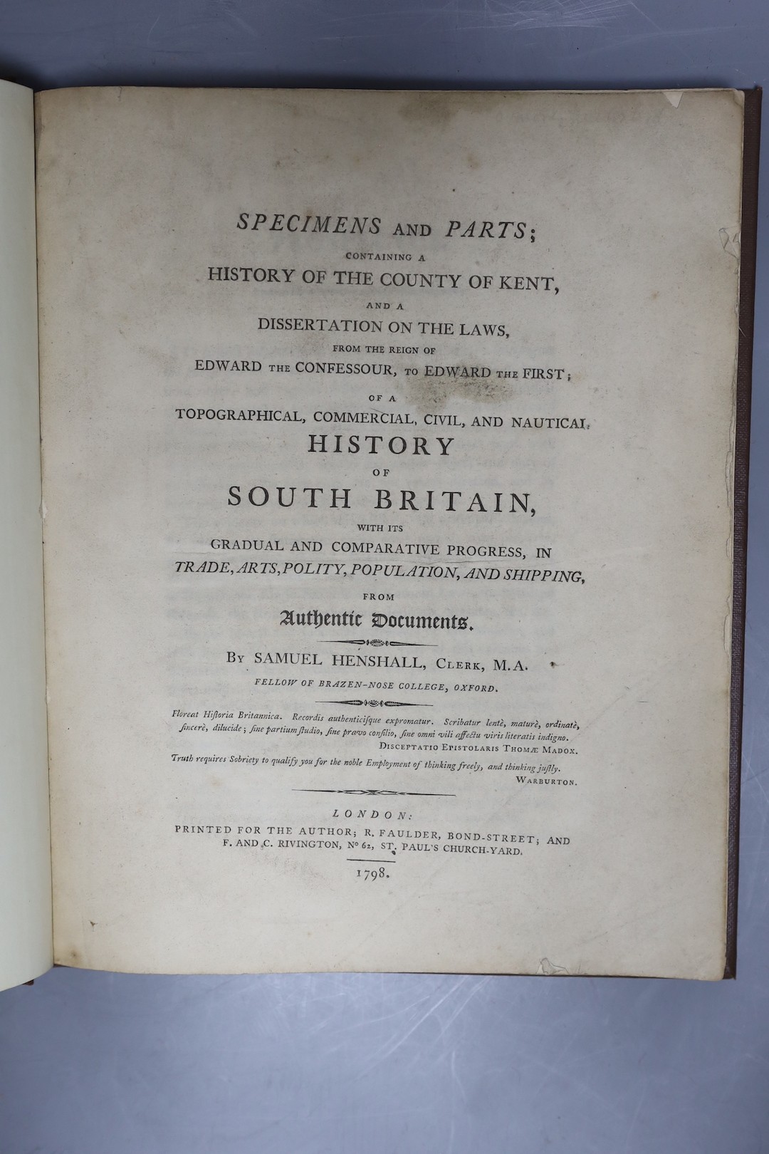 1798 Samuel Henshall specimens and parts containing a history of the county of Kent and a dissertation on the laws.